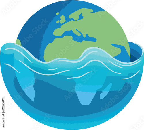 Earth partially submerged in stylized blue waves