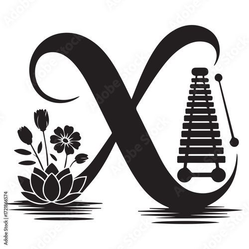 Elegant infinity symbol design merging organic floral elements with a musical xylophone and mallet for a harmonious concept
