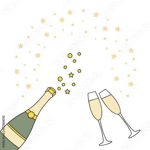 Celebrate new beginnings with festive champagne popping and sparkling stars, perfect for invitations, event promotions, or joyful celebrations
