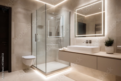 Modern bathroom design with glass shower, illuminated mirror, and sleek vanity offers a spa-like retreat for luxurious relaxation and comfort