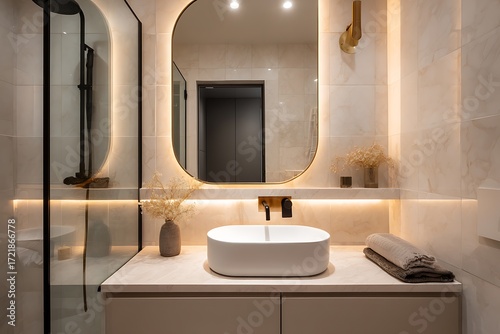 Modern bathroom interior design for luxury home renovation projects with sleek fixtures, warm lighting, and contemporary style elements