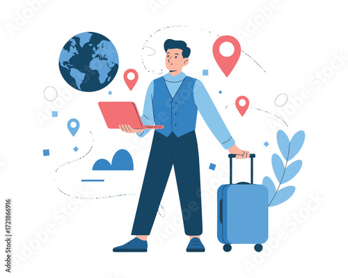 Man Planning Trip with Laptop and Luggage Travel and Exploration Illustration