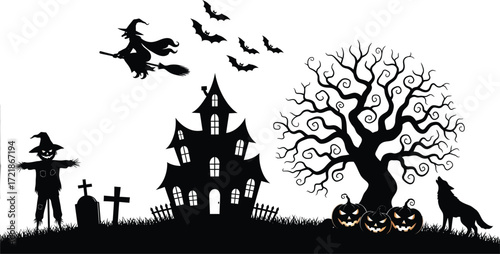 Spooky Halloween scene with a haunted house, witch flying, scarecrow, and howling wolf.