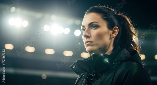 Determined female athlete under stadium lights capturing intensity and focus in competitive sports