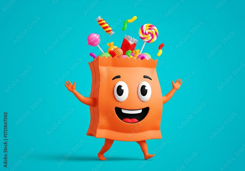 Fototapeta premium Candy Bag Cartoon Character with Sweets and Lollipops Holiday Concept on Blue Background