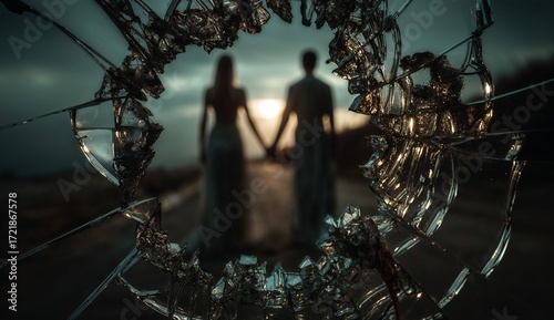 Silhouetted Couple Holding Hands Through Broken Glass Frame at Sunset Road