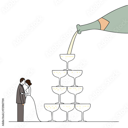 Elegant wedding celebration with champagne tower and happy couple embracing in minimalistic style, perfect for invitations or event promotions