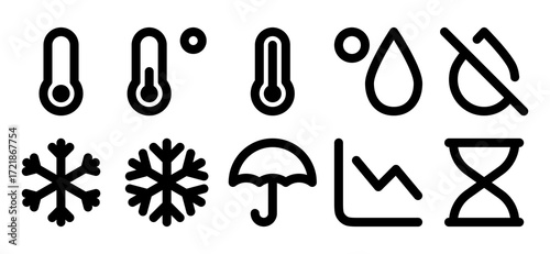 Temperature control icons set. Thermometer, high temperature, cold, snowflake, degrees, fresh air, wind, air conditioner, blades. Temperature control concept