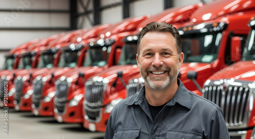 Successful trucking company owner smiling proudly in front of his fleet of brand new red semi trucks a symbol of hard work and achievement in the transportation industry