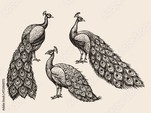 Peacocks engraving style black on white vector illustration