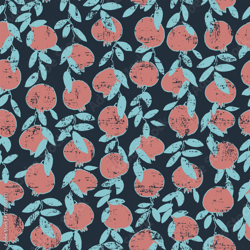 Seamless pattern. Pomegranate tree branches with fruit. Outlined vector illustration on light-colored background for surface design and other design projects Shana Tova