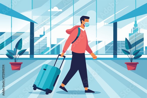 Traveler walks through airport terminal with suitcase and face mask in modern, bright setting