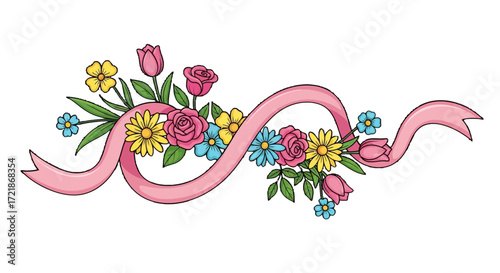 A delicate arrangement of flowers and a ribbon that symbolizes elegance and charm