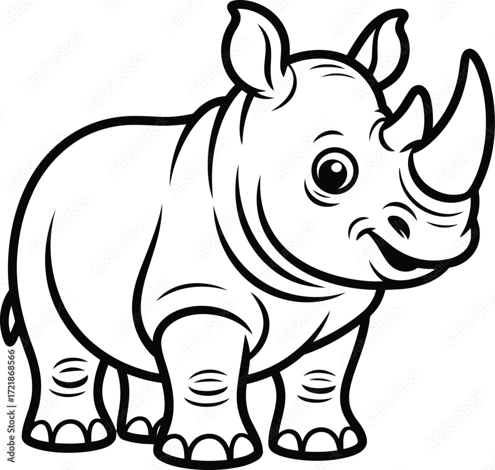 Fototapeta premium Adorable rhino cartoon character illustration ready for coloring books or children's designs, making learning about wildlife fun and engaging for kids