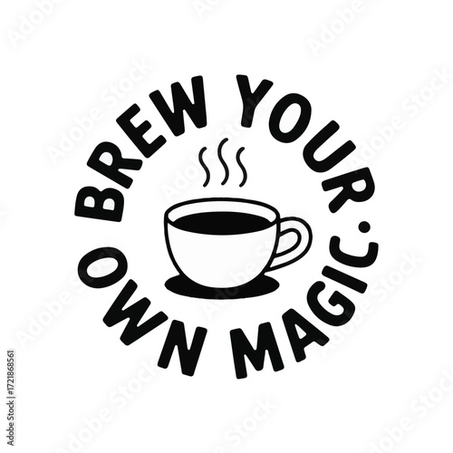 Black and white graphic of steaming coffee cup with circular text hot beverage