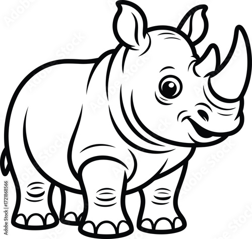 Adorable rhino cartoon character illustration ready for coloring books or children's designs, making learning about wildlife fun and engaging for kids