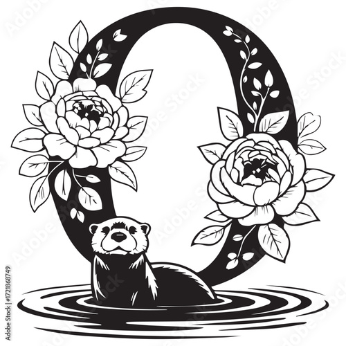 Whimsical black and white illustration of a playful otter emerging from rippling water adorned with floral elements and the letter o