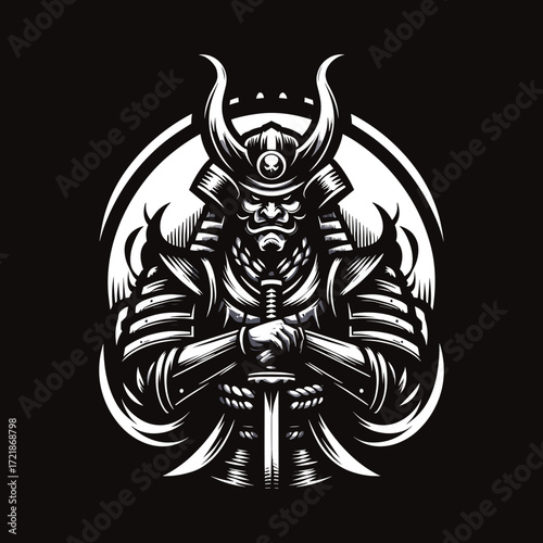 Oni samurai is ready for a fierce battle with katana drawn. Suitable for designs depicting mythical creatures, warriors, and japanese folklore.