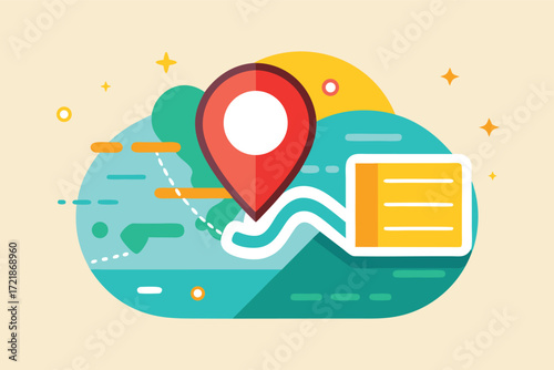 Map illustration showing a location marker in a colorful design, ideal for travel guides and digital maps