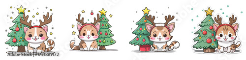 Cute Christmas Cat with Antlers Vector Set — Adorable Holiday Kittens with Reindeer Horns and Christmas Trees
