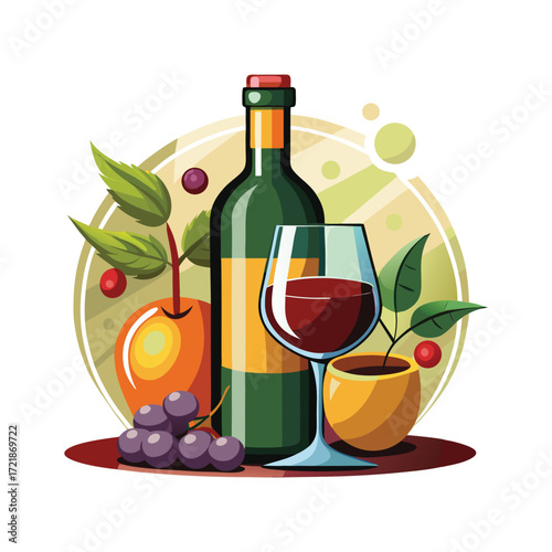 Red wine bottle and glass with grapes apple and leaves harvest theme