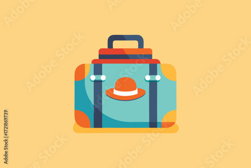 Stylish suitcase with a hat ready for a summer vacation on a bright background