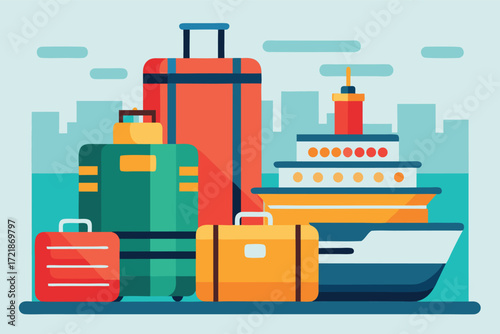 Colorful luggage and ship near a city skyline on a clear day
