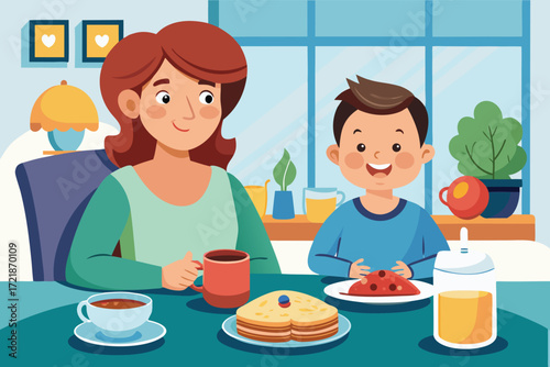 Mother and son enjoy breakfast together at home while sharing smiles and delicious food
