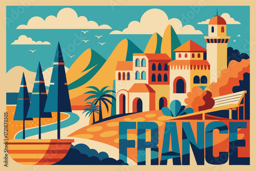 Scenic view of a vibrant French landscape featuring mountains, a river, and charming architecture