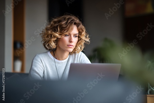 Focused young woman working remotely on her laptop with a thoughtful expression in a bright modern office space with natural light