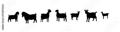 Simple black silhouettes of various-sized goats in a horizontal row against a plain white background.