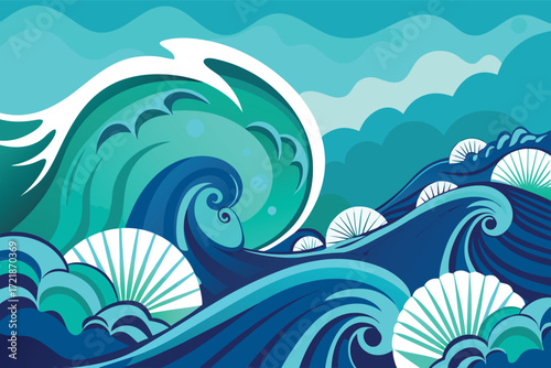 Vibrant ocean waves with seashells under a blue sky and soft clouds