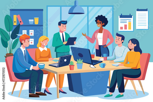 Team brainstorming session in a modern office setting with diverse professionals collaborating