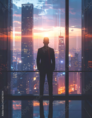 Successful businessman silhouette looking over the city skyline at sunset.