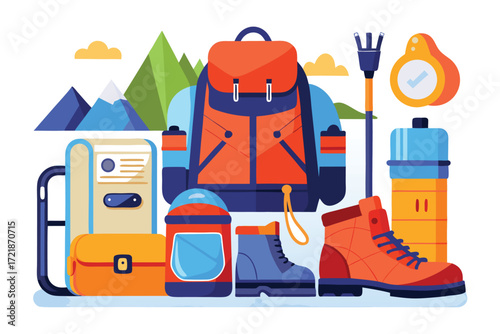 Essential gear for outdoor adventures featuring backpacks, boots, and camping tools in a scenic landscape