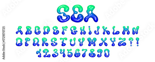 Creative display of wavy 3D font featuring liquid letters and glossy textures, showcasing the entire alphabet along with numbers in vibrant colors.