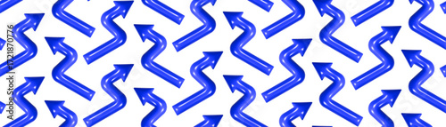 Solid blue three-dimensional arrows are arranged in a dynamic zigzag pattern on a white background, creating a lively and energetic visual effect that draws the eye.