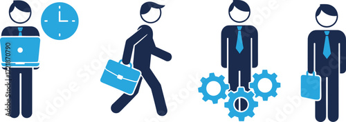 Business, professional, icon, character, silhouette, corporate, office, gear, briefcase, laptop, clock, management, commute, remote, work, team, career, occupation, strategy, productivity
