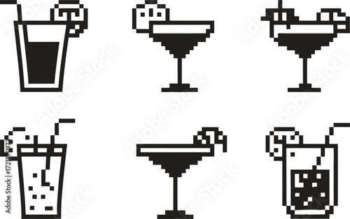 Pixel art icons of six different cocktails and drinks