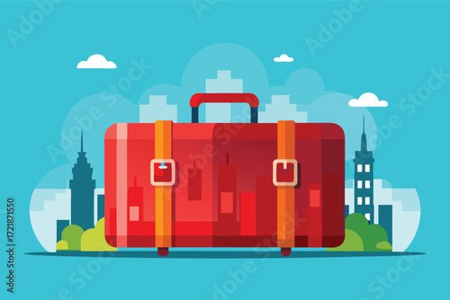 Bright red suitcase stands out against a city skyline with colorful clouds and greenery