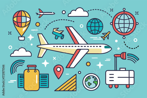 Colorful travel-themed design featuring airplanes, globes, and symbols of adventure in a playful style