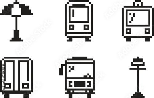 Pixel art icons of public transportation and city elements