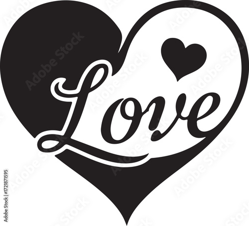 Black and white heart with the word love in cursive romance symbol