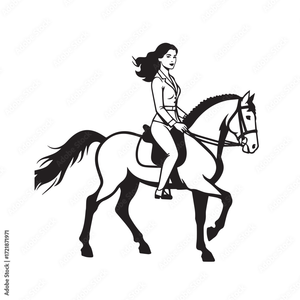 Fototapeta premium Black and white line art of a beautiful woman with perfect body riding horse elegant minimalist illustration