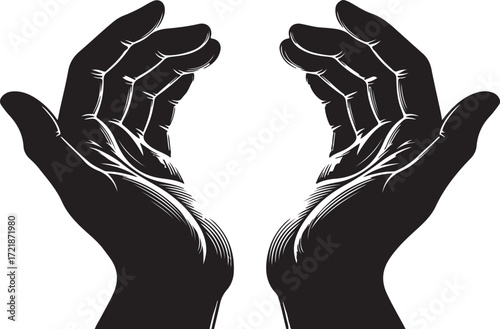 Black silhouette of two open hands cupped upwards on a white background gesture support