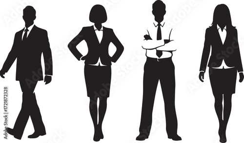 Four Business People Silhouettes in Formal Attire on White Background woman