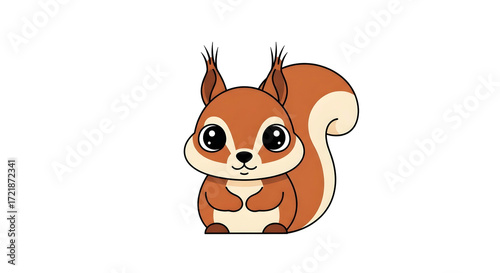 Cute cartoon squirrel, sitting, with large eyes, simple design.