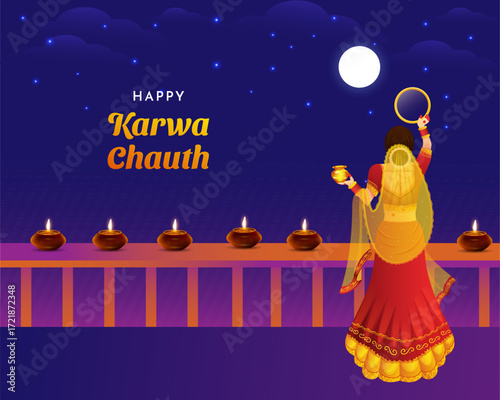 Karwa Chauth Married women Indian festival celebration Poster, Banner or greeting card design Vector Illustration.