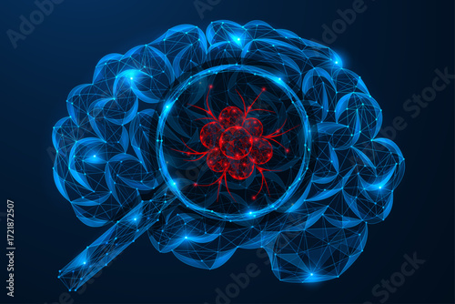 A brain inside which a tumor is visible under a magnifying glass. Polygonal design of interconnected elements, blue background.