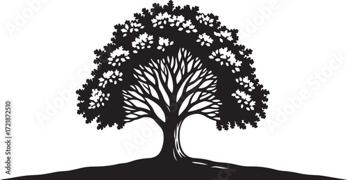 Silhouette of a large deciduous tree with a full canopy and visible roots on a white background
